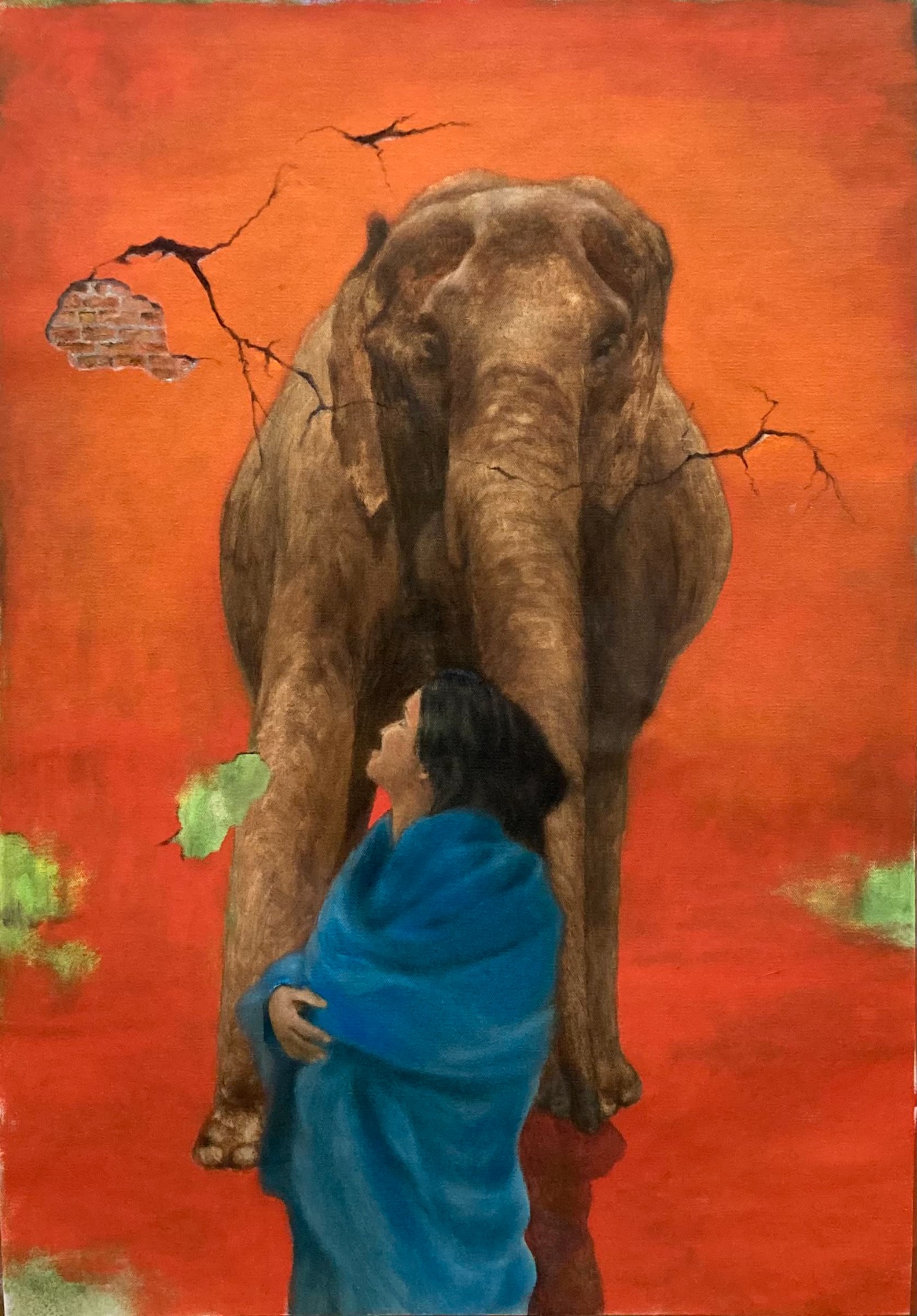 Elephant and Woman, painting by Kalpesh RC